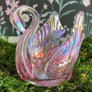 VINTAGE Chalet Glass Pink Swan Trinket Dish Iridescent 50s 60s MCM Rare